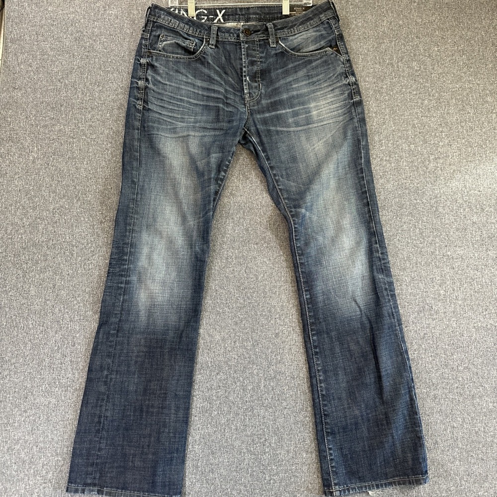 KINGX Buffalo Basic Boot Cut Jeans Mens 34x34 Blue Distressed Fade Denim Bootcut